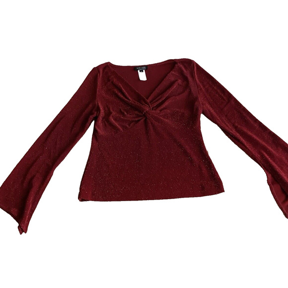 Xscape Blouse Womens Medium Flared Sleeve Pullover Twist Knot Red Sparkle Top - Picture 3 of 15